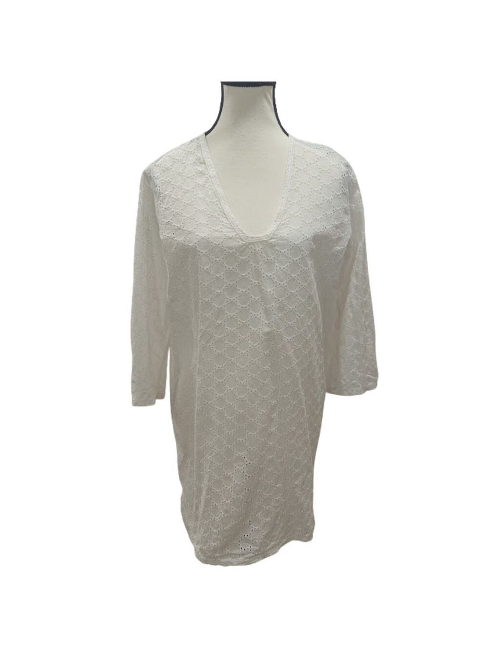 Jordan Taylor Eyelet Tunic Dress L White Cotton Coastal Chic Resort Minimalist